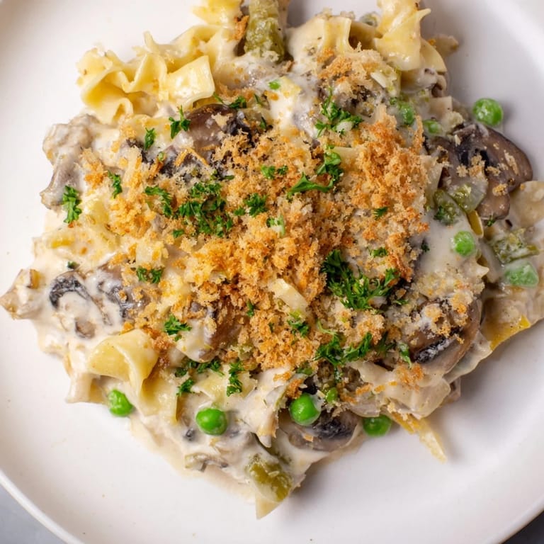 Close-up of a warm bowl of Tuna Noodle Casserole 2.0, served, with fresh parsley, ready to enjoy.