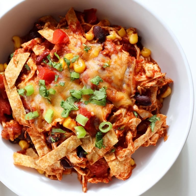 A close-up view of a hearty Chicken Enchilada Skillet topped with fresh cilantro, ready to be served.