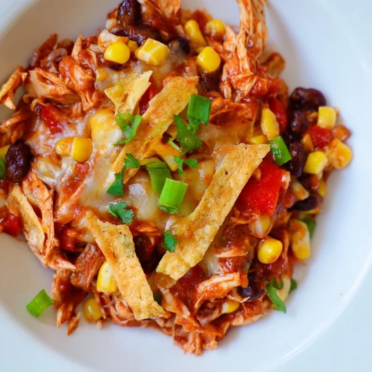 Golden cheese blankets a steaming Chicken Enchilada Skillet, showing off the tender chicken and flavorful sauce inside.