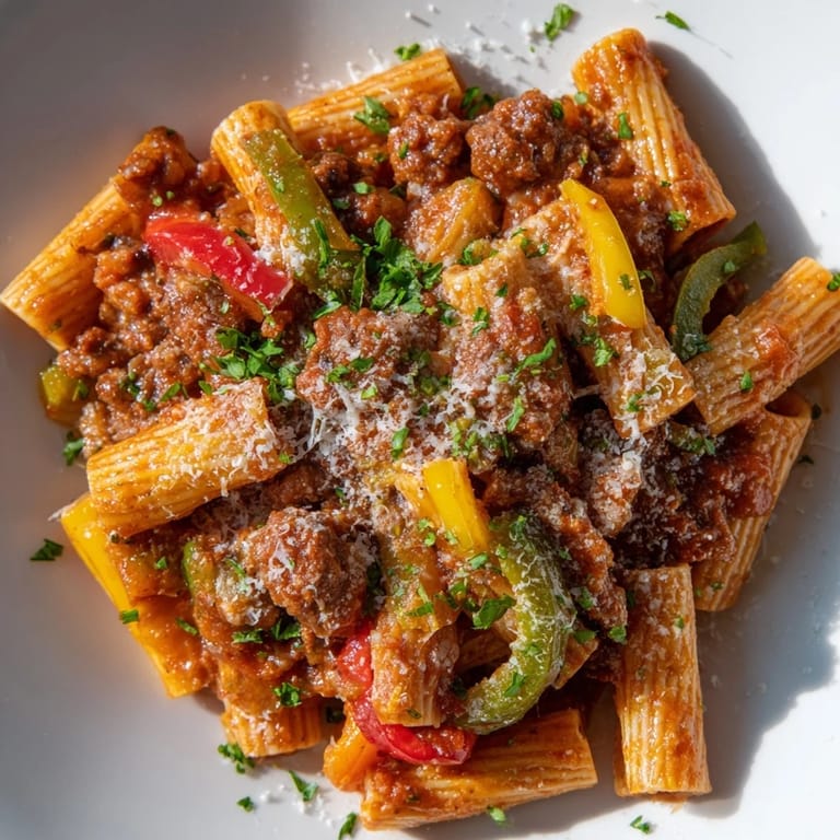 This Sausage and Peppers Pasta shows tender sausage mingled with bell peppers and penne in rich sauce.