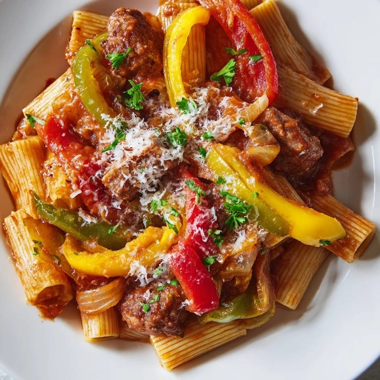 Enjoy a comforting plate of Sausage and Peppers Pasta, beautifully garnished with fresh parsley and Parmesan.