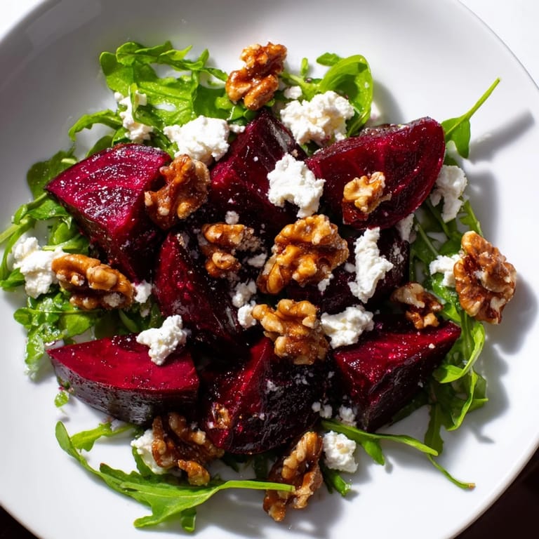 Colorful Roasted Beet Walnut Salad features tender beets, crunchy walnuts, and creamy goat cheese.