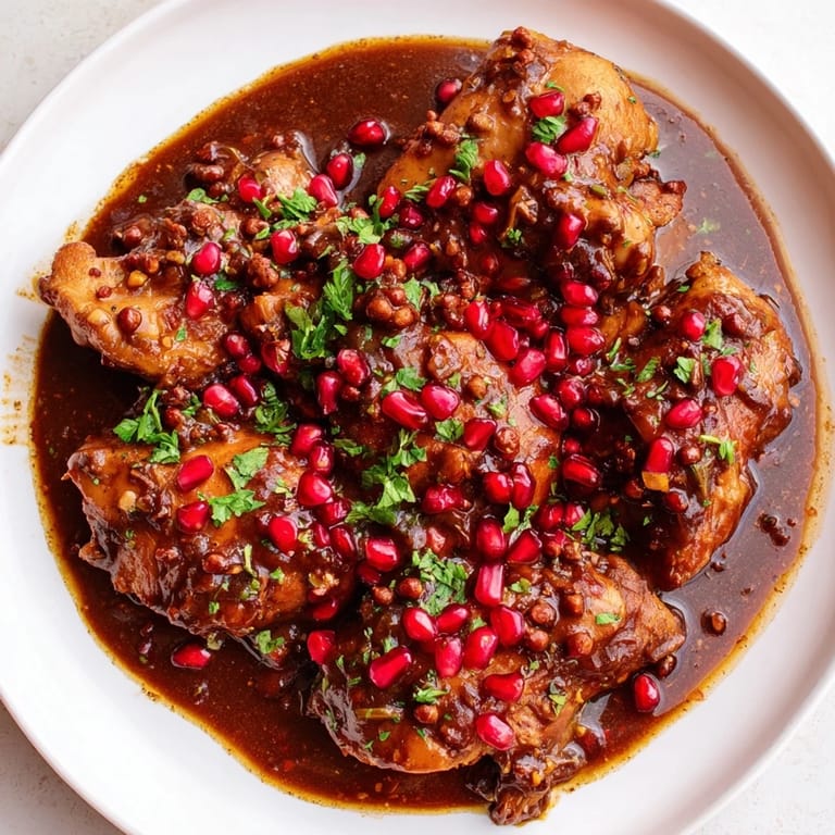 Close-up of bubbling Iranian Fesenjan stew, with glistening walnut oil and pomegranate seeds on top.