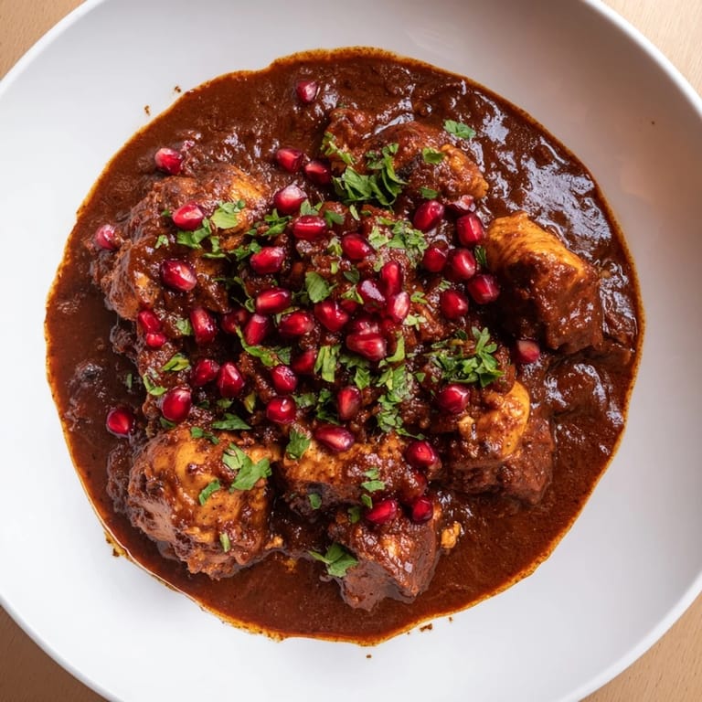 Fragrant Iranian Fesenjan, showcasing chicken and a thick, glossy pomegranate sauce, perfect for serving.