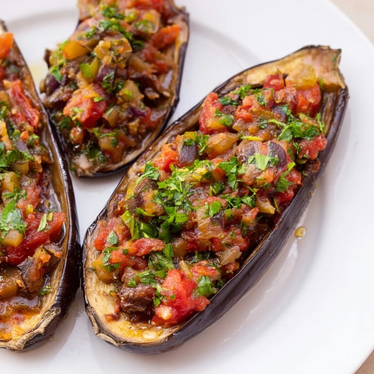 A vibrant close-up shows the baked Imam Bayildi, the eggplant perfectly soft with bubbling filling.