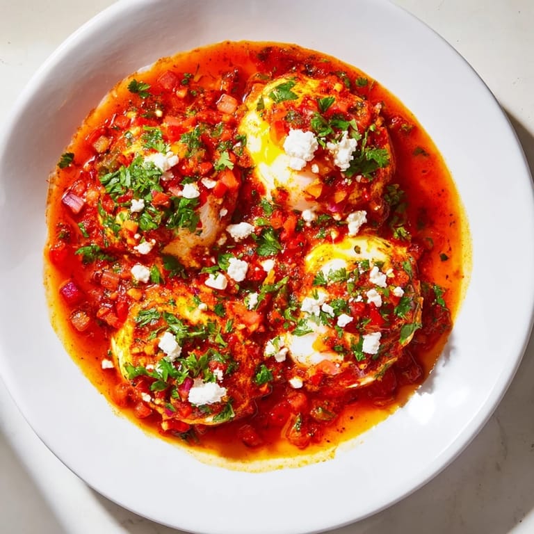 Bright red Israeli Shakshuka, perfectly poached eggs nestled in a spicy tomato sauce, ready to eat.