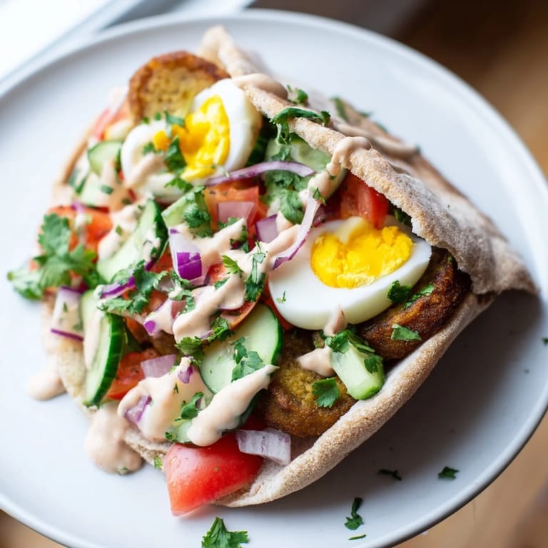 Imagine this flavorful Israeli Sabich, with a drizzle of tahini and bursts of fresh salad.