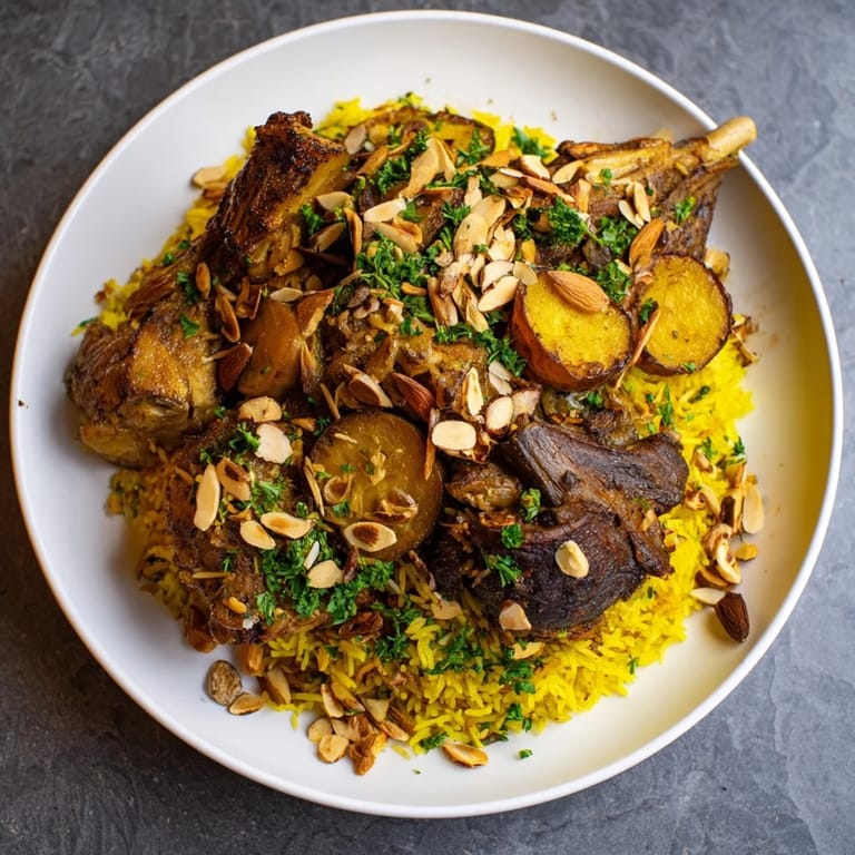 Aromatic Maqluba, featuring fluffy rice, roasted vegetables, and succulent meat, ready to enjoy.