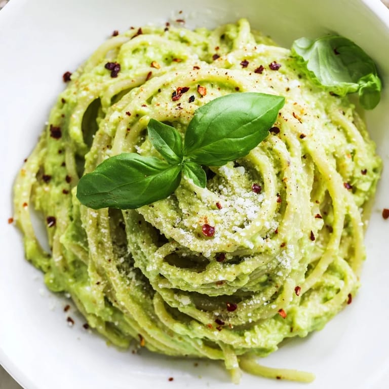 Vibrant green smashed avocado pasta served in a ceramic bowl, garnished with chili flakes and a drizzle of olive oil.  