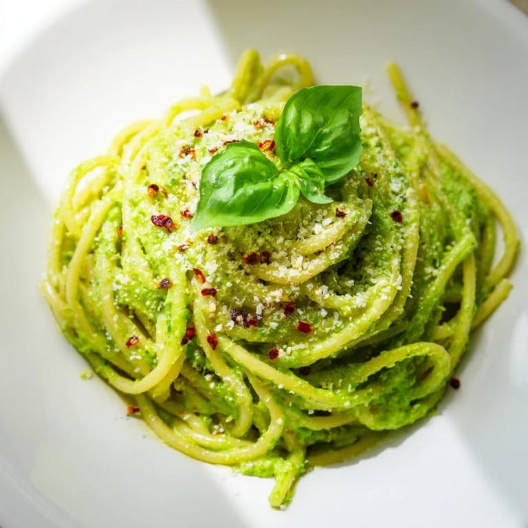 A fork lifting a bite of smashed avocado pasta, revealing a creamy sauce with minced garlic and fresh basil leaves.