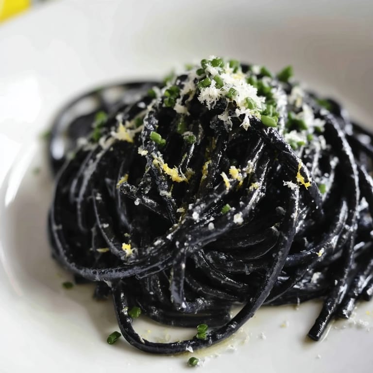 Luxurious squid ink pasta glistens in a rich cream sauce, topped with Parmesan and fresh herbs for a dinner party.  
