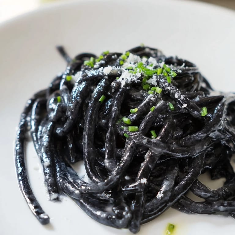 Tossing al dente squid ink pasta in a lemony cream sauce, creating a striking black and white contrast.