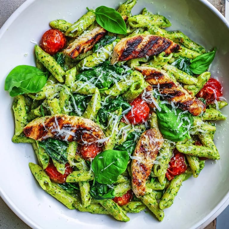 A close-up of Pesto Chicken Pasta with al dente penne, wilted spinach, and extra Parmesan, ready for a quick weeknight dinner.