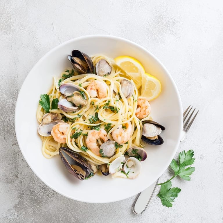 Tossing al dente Seafood Linguine in a shimmering white wine sauce, revealing plump shrimp and shellfish over a bed of pasta.