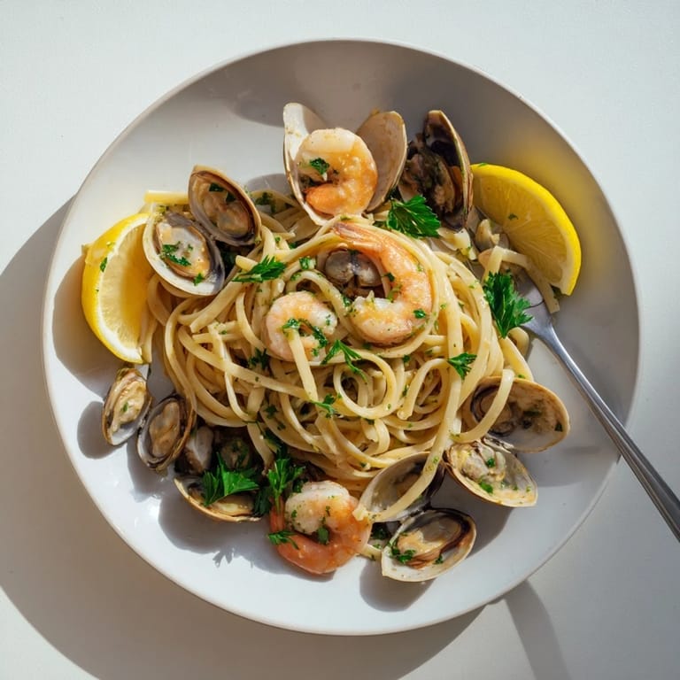Family-style Seafood Linguine brimming with tender clams, mussels, and shrimp, drizzled with garlicky white wine sauce and fresh lemon.