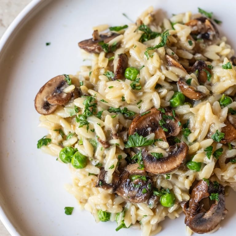 Serve orzo mushroom risotto-style garnished with fresh parsley and extra cheese, alongside a crisp green salad and glass of white wine.
