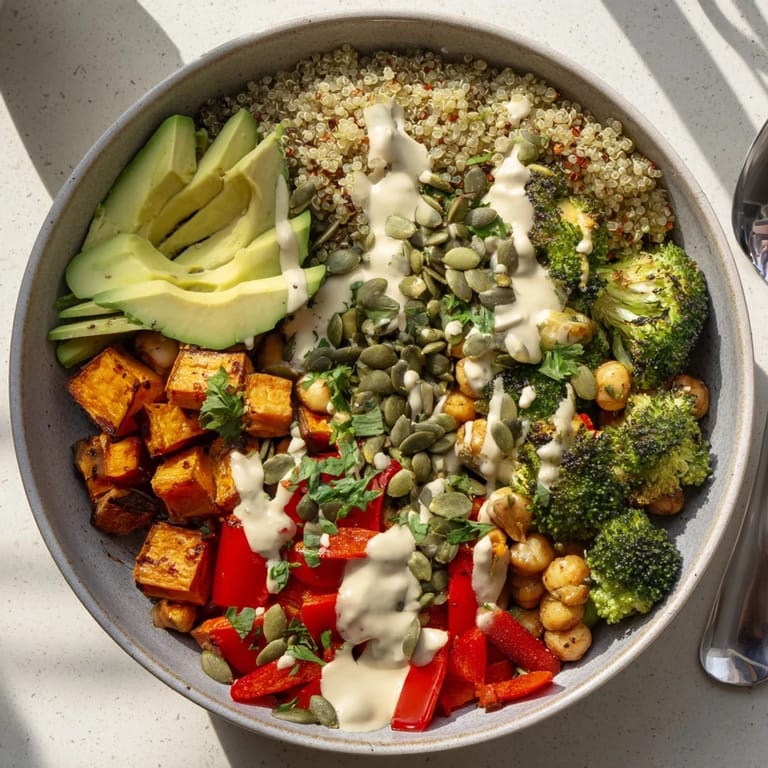 Healthy vegan Quinoa Buddha Bowl garnished with fresh parsley and pumpkin seeds, arranged in a white bowl for a colorful meal presentation.