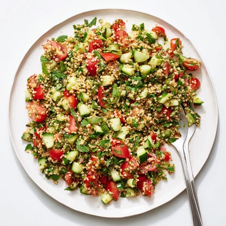 Serving suggestion for tabbouleh salad, garnished with fresh mint and lemon wedges, perfect for a light Mediterranean meal.