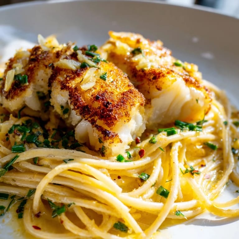 This Crispy Fish Pasta shows the fish lightly battered and pan-fried, tossed with al dente pasta and herbs.