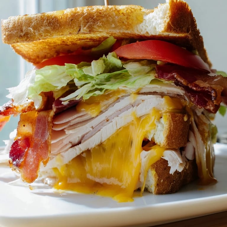 A close-up of a toasted Turkey Club Grilled Cheese, revealing layers of roasted turkey, bacon, and fresh veggies.