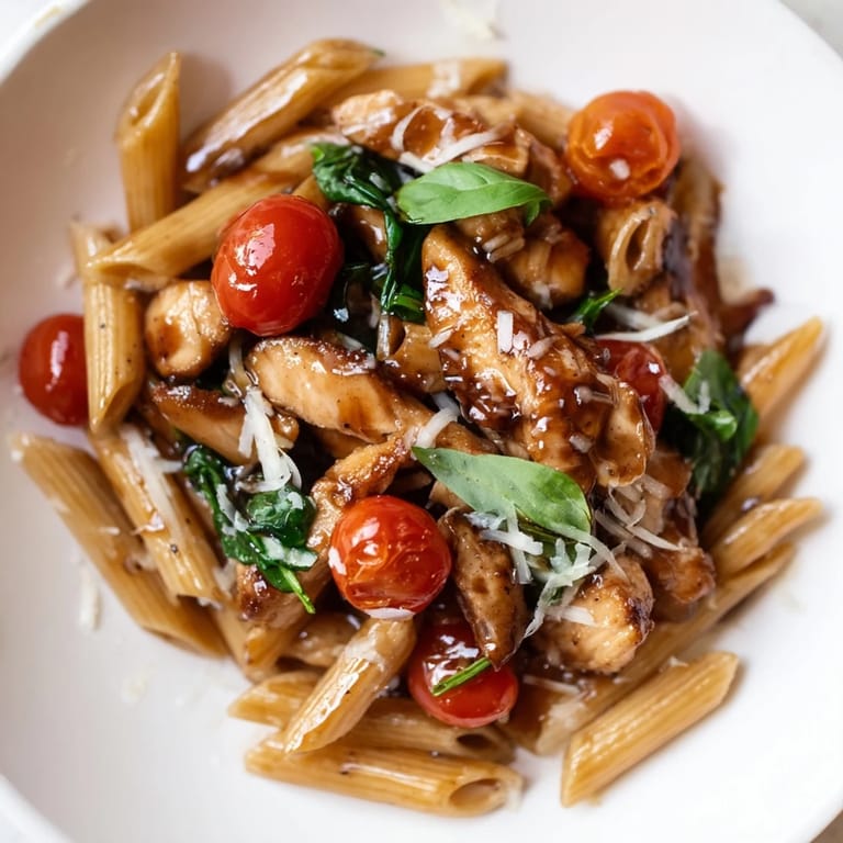Close-up of tender Balsamic Glazed Chicken Pasta coated in a glossy balsamic glaze, topped with grated Parmesan and fresh basil leaves.