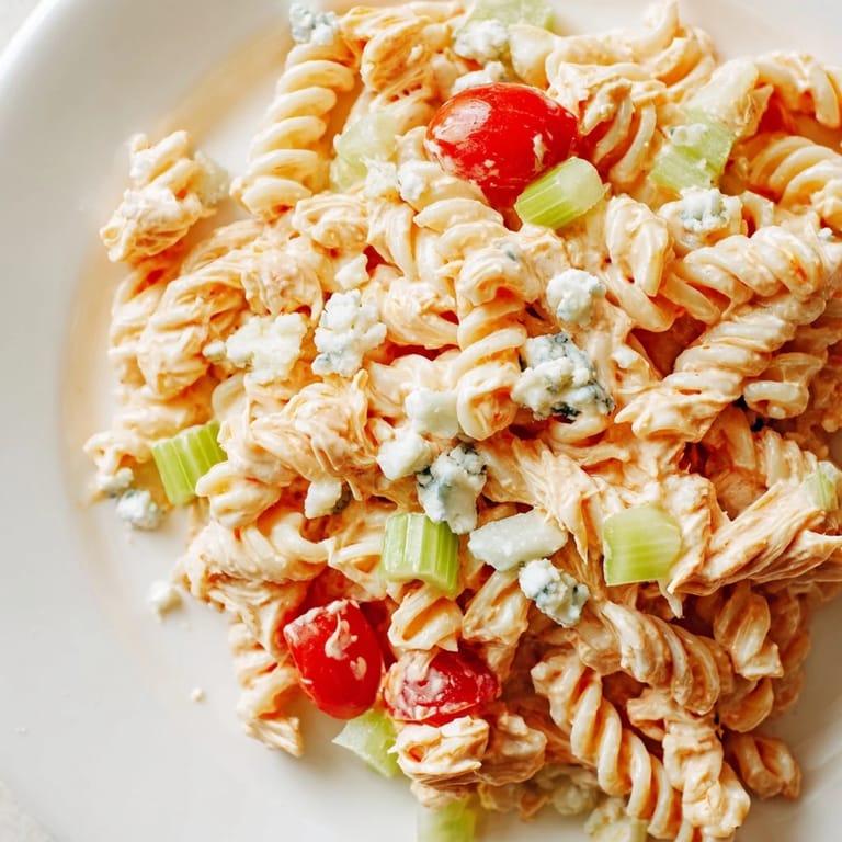 Bright red cherry tomatoes and blue cheese garnish a hearty Buffalo Chicken Pasta Salad, ready for a summer picnic.  