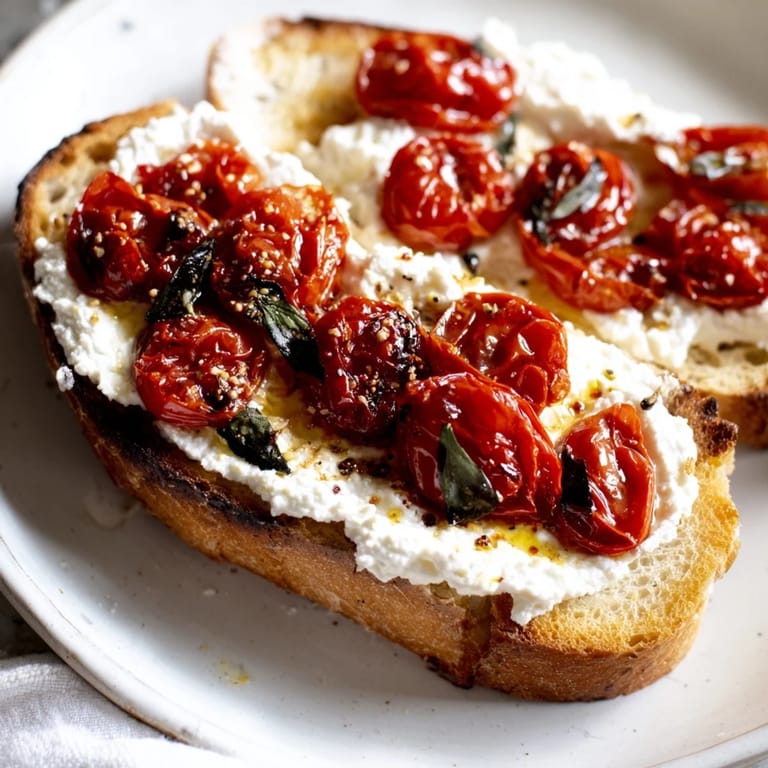 A close-up view of warm Tomato Ricotta Toast with oregano-spiced tomatoes and a drizzle of olive oil.