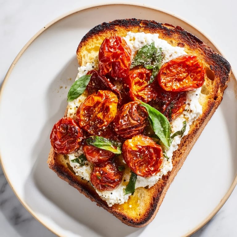 Mediterranean-inspired Tomato Ricotta Toast features vibrant roasted cherry tomatoes and fluffy ricotta spread on rustic bread.