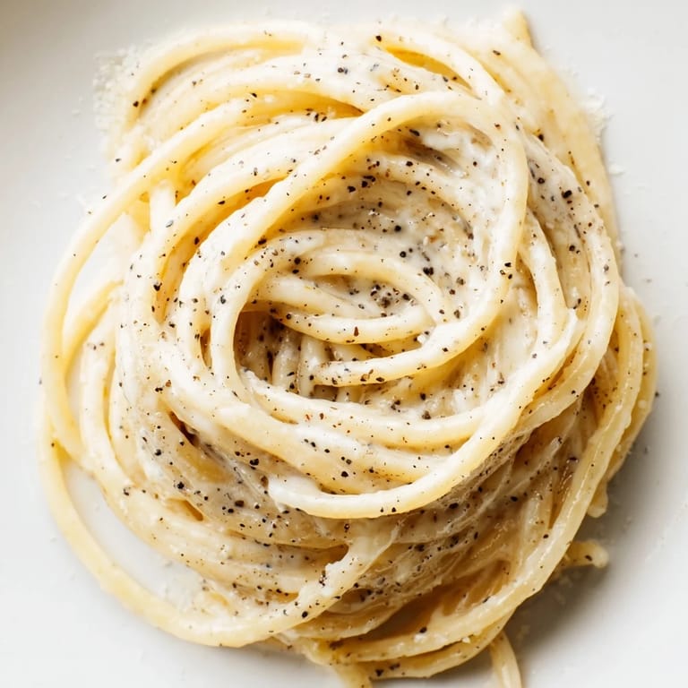Golden strands of Spaghetti Cacio e Pepe shine with Pecorino Romano and a generous dusting of freshly cracked black pepper on a rustic plate.