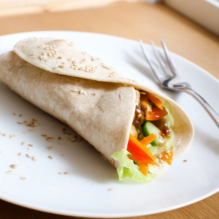 Savory Japanese fusion wrap filled with glazed chicken, crunchy vegetables, and fresh cilantro.
