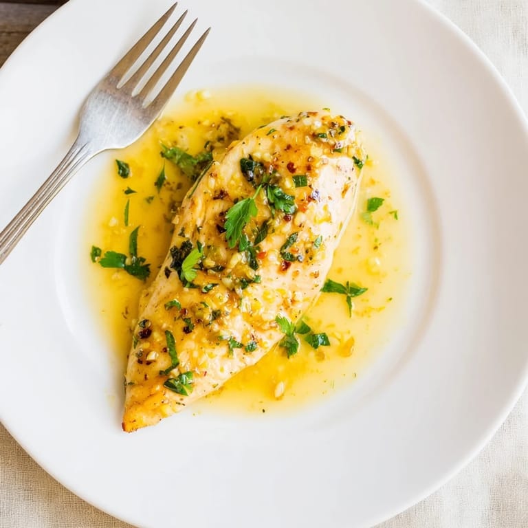 Close-up of a tender, juicy Lemon Pepper Chicken breast with a buttery, zesty pan sauce pooling beneath it.