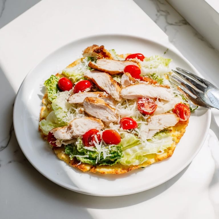 Savory Caesar Chicken Flatbread featuring juicy chicken, creamy dressing, and cherry tomatoes.