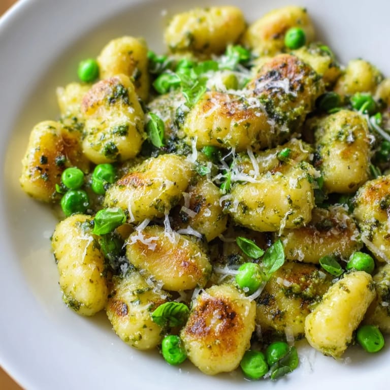 A steaming bowl of vegetarian Pesto Pea Gnocchi Skillet, garnished with fresh basil and lemon zest.  