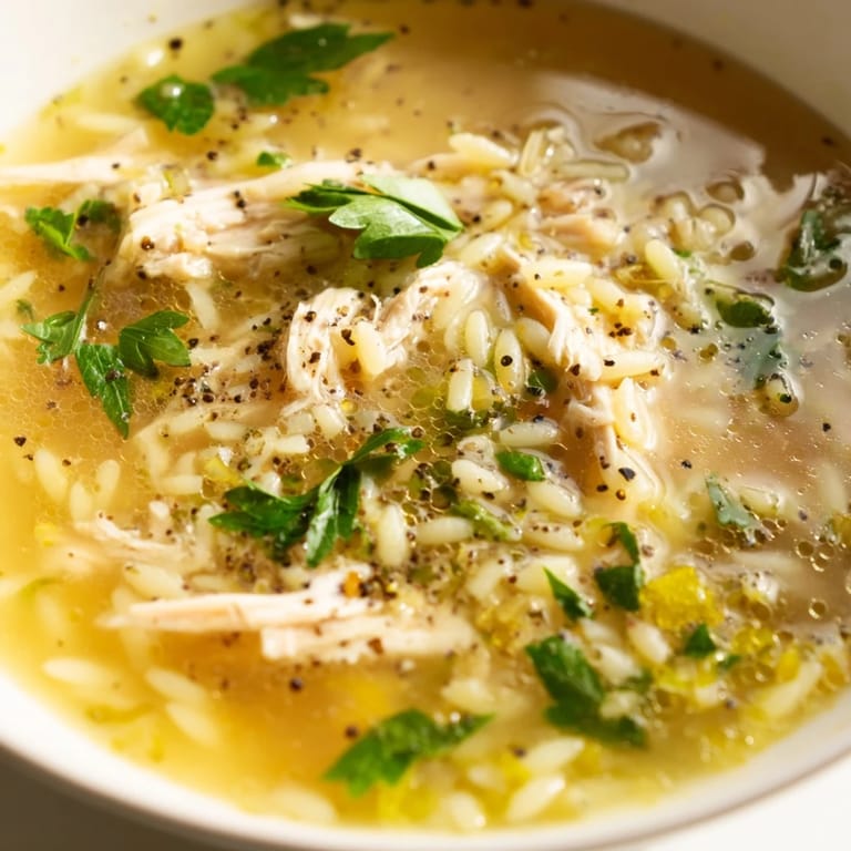 Close-up of Lemon Pepper Chicken Orzo Soup with shredded chicken and orzo pasta swimming in savory broth.
