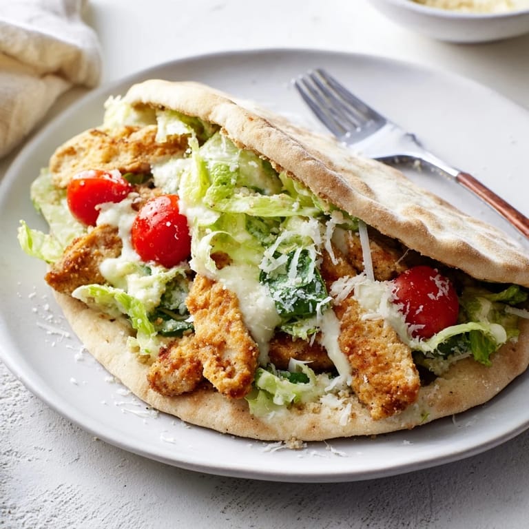 Crispy Chicken Caesar Pita ready to serve, featuring fresh romaine, tangy dressing, and juicy chicken in a handheld pocket.
