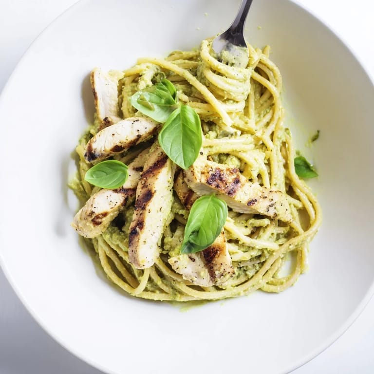 Savory creamy avocado chicken pasta served in a white bowl, garnished with lemon zest and Parmesan, perfect for a quick, healthy weeknight dinner.
