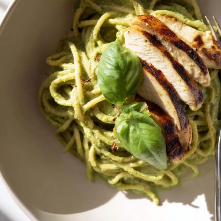 A close-up of creamy avocado chicken pasta reveals juicy grilled chicken pieces, ripe avocado sauce coating noodles, and a sprinkle of red pepper flakes for a spicy kick.  