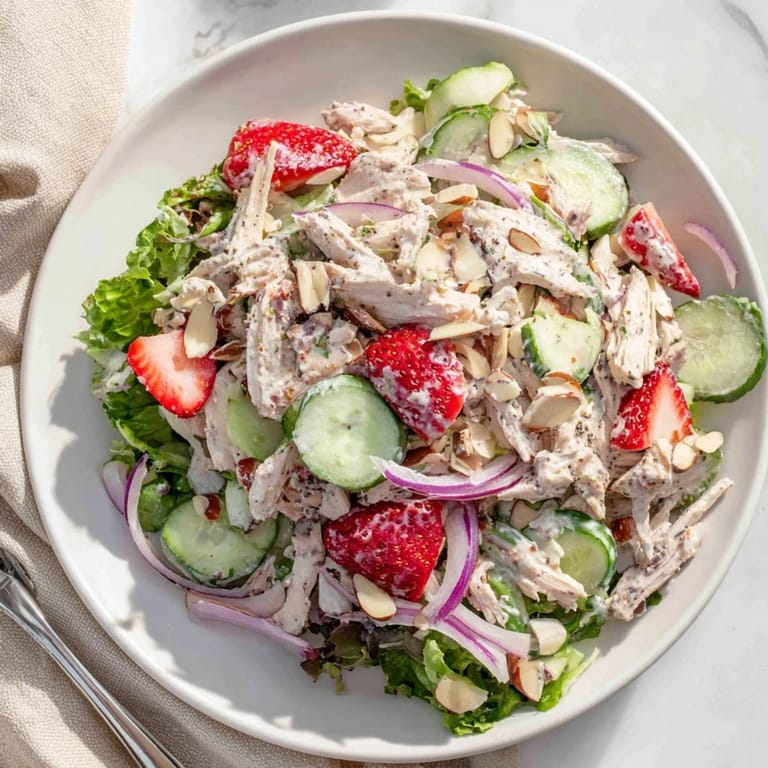 A creamy, tangy poppy seed dressing coats tender chicken and juicy strawberries, making this Strawberry Poppy Seed Chicken Salad a refreshing and protein-packed main course.