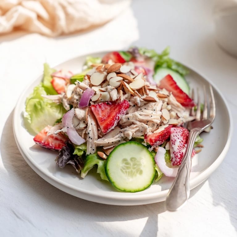 Colorful salad bowl brimming with vibrant Strawberry Poppy Seed Chicken Salad, featuring shredded chicken, strawberries, cucumbers, red onion, and toasted almonds, ready to serve.