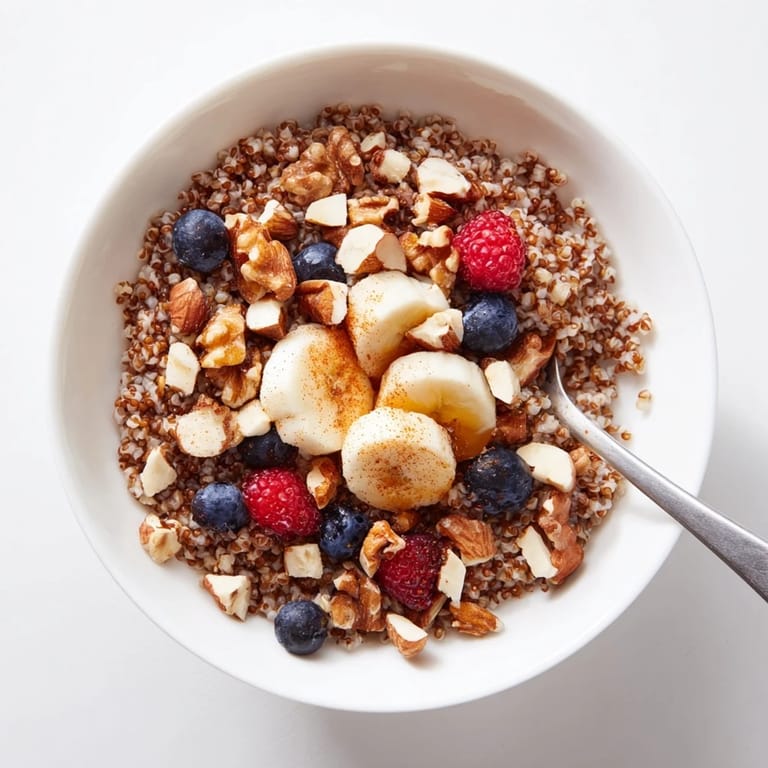 Two servings of nutty Buckwheat Groats Breakfast with sliced fruit and drizzled honey, served with a glass of plant milk.  