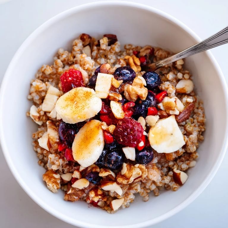 A wholesome Buckwheat Groats Breakfast bowl featuring tender groats, chopped pecans, and vibrant diced fruit for a healthy morning meal.