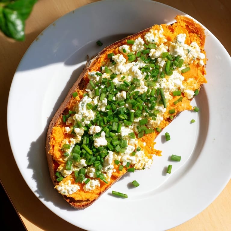 Golden-baked sweet potato toasts ready for breakfast, topped with cottage cheese, honey, and a sprinkle of cinnamon.