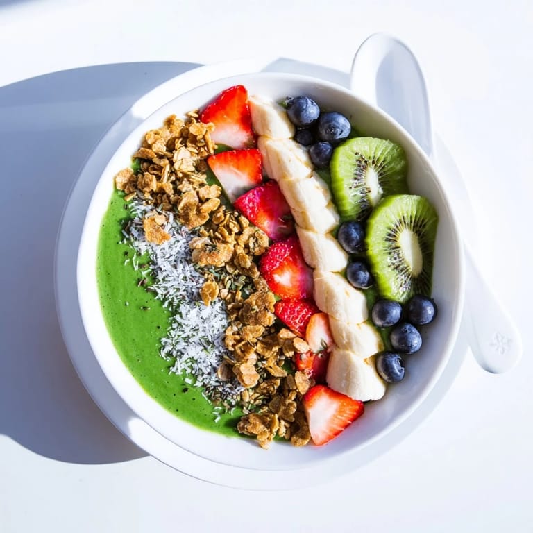 Nutrient-packed green smoothie bowl with chia seeds, shredded coconut, and sliced bananas for a healthy snack.