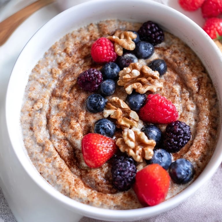 Hearty millet porridge with warm spices and juicy strawberries, served with a sprinkle of chia seeds.