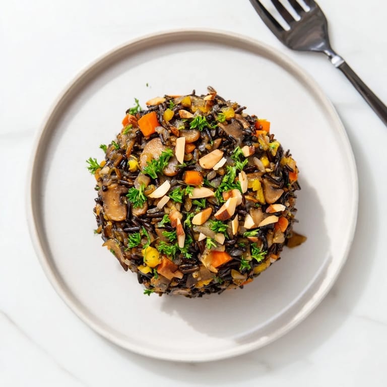 Hearty Wild Rice and Mushroom Pilaf with golden sautéed mushrooms, carrots, and celery, ready to serve.  