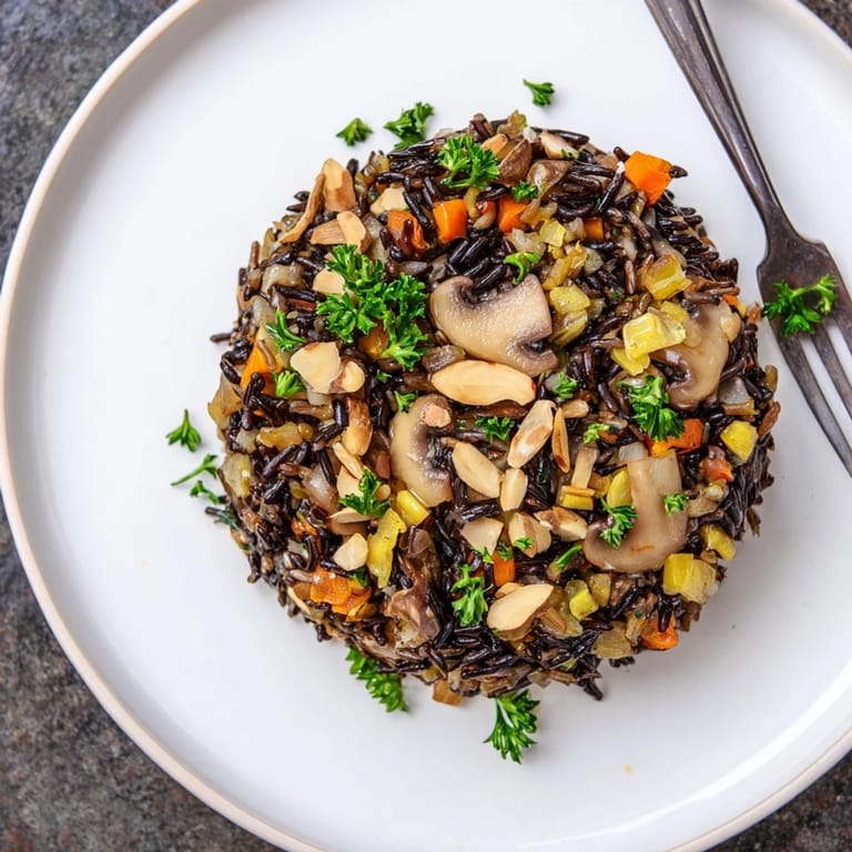 Fluffy Wild Rice and Mushroom Pilaf topped with parsley, a gluten-free vegetarian side dish for dinner.