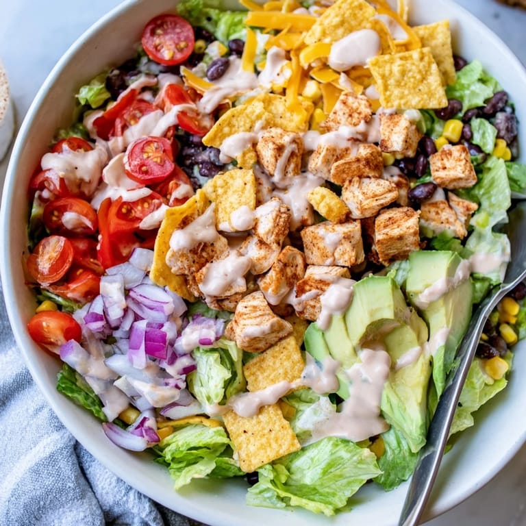 Crushed tortilla chips crown a vibrant Chicken Taco Chopped Salad featuring romaine, cherry tomatoes, and shredded Mexican cheese on a rustic table.