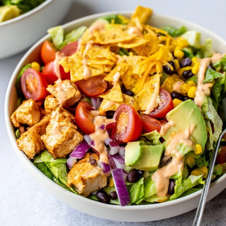 A large serving bowl holds Chicken Taco Chopped Salad with juicy taco chicken, crisp veggies, and zesty salsa ranch for a fresh Tex-Mex meal.