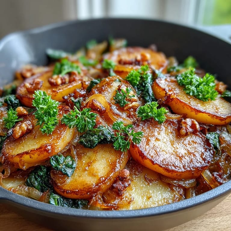 Serving the tangy warm apple and sauerkraut skillet salad over baby spinach with a fork ready to dig in.