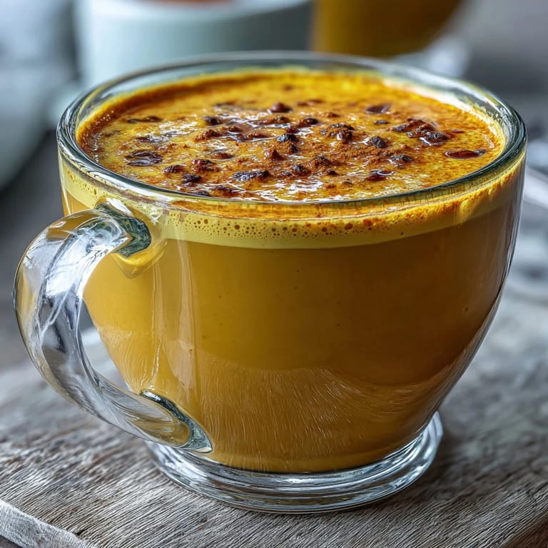 A warm cup of turmeric and ginger golden milk topped with frothy bubbles and a dusting of cinnamon, enjoyed on a rustic wood table.